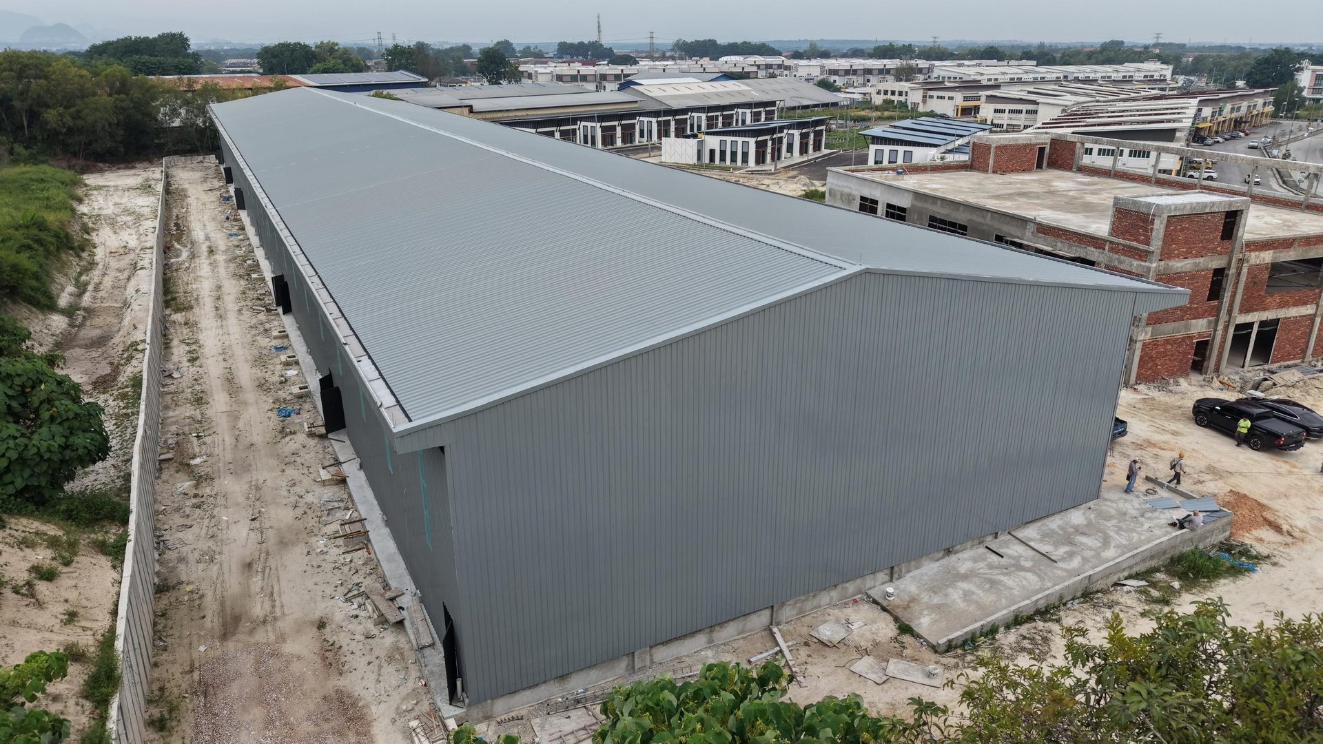 Rear gable end of the sealed warehouse from the air